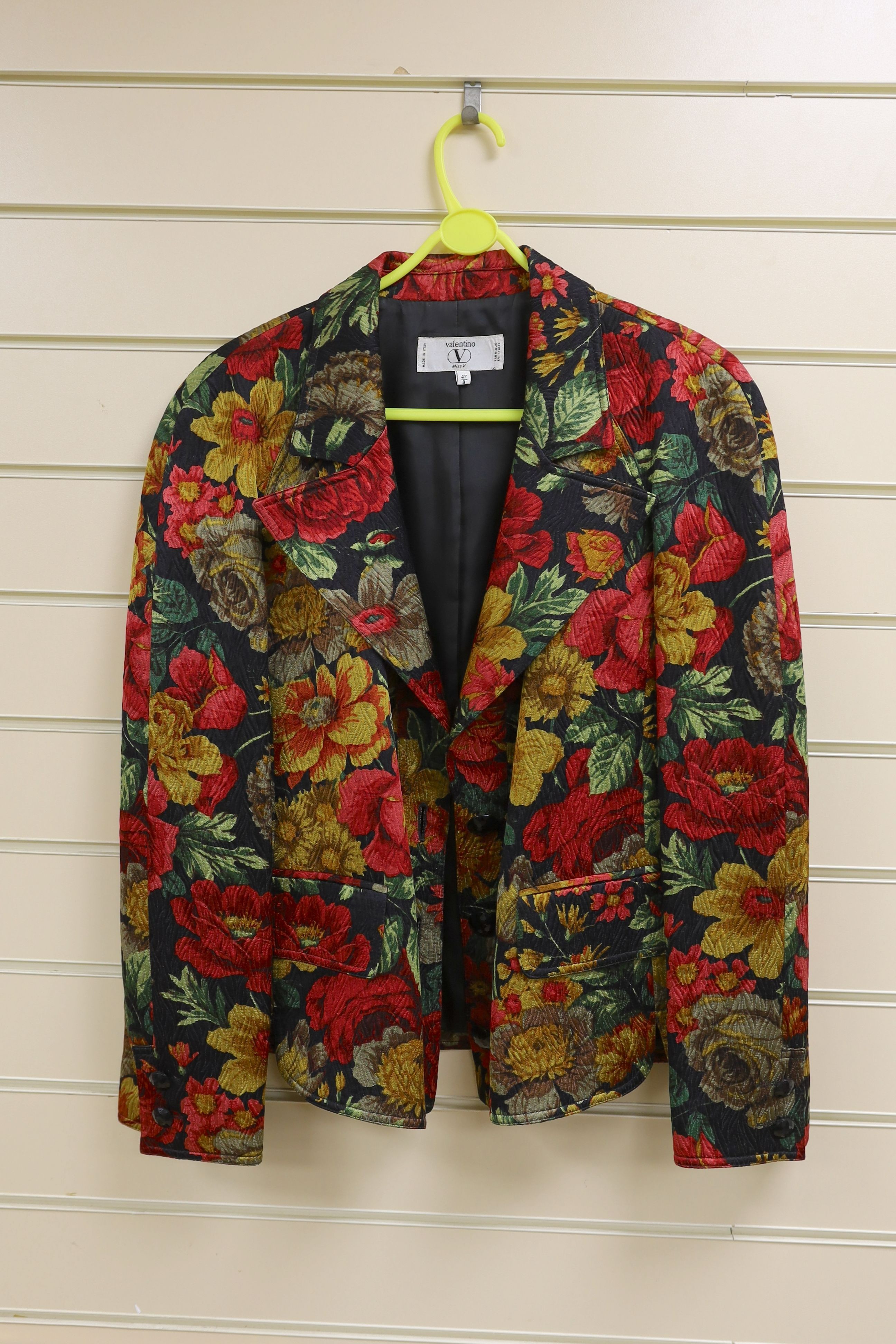 A Miss Valentino, multi coloured floral blazer, decorated with jet buttons, made in Italy, size 42/8.